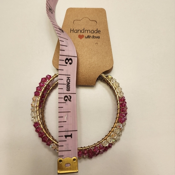 Gold hoops stainless pink/clear beads individually wire wrapped- handcrafted - Picture 5 of 5